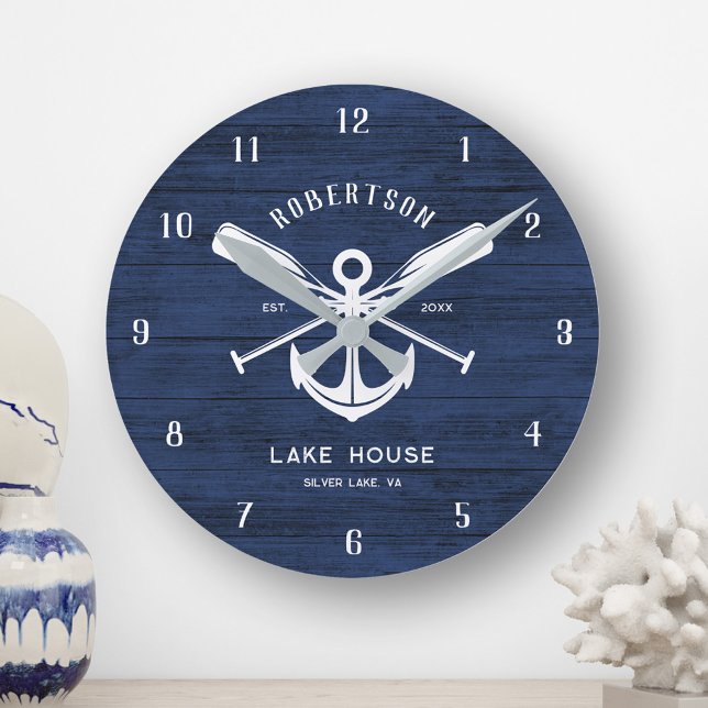 Horloge Ronde Nautical Lake House Nom de famille Ancre Blue Wood (Créateur téléchargé)
