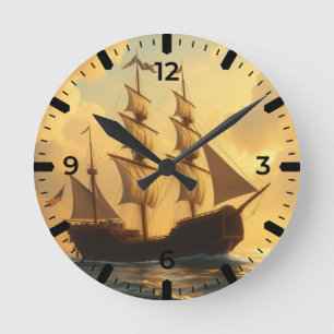 Horloge Ronde Navire Doré