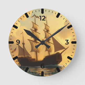 Horloge Ronde Navire Doré