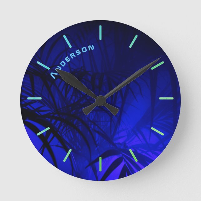 Horloge Ronde Neon BLUE PALM Leaf Mur personnalisé (Recto)