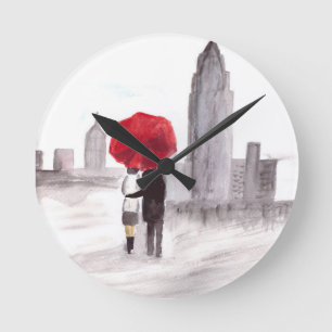 Horloge Ronde New York amour couple rouge parapluie anniversaire