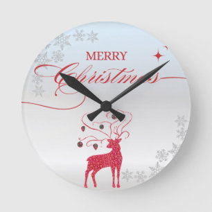 Horloge Ronde Noël aux flocons d'argent Red Reindeer