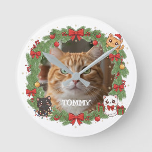 Horloge Ronde Noël avec photo personnalisée et nom d'animal
