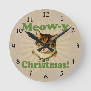 Horloge Ronde Noël de meow-y, animal mignon de chat de vacances