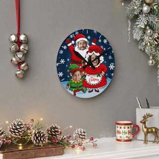 Horloge Ronde Noël Famille de 3 Visages Personnalisés Drôle