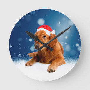 Horloge Ronde Noël Mignonne Golden Retriever Chien Santa Hat Nei