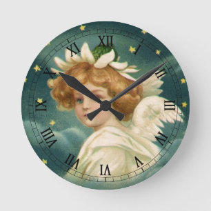 Horloge Ronde Noël vintage, ange victorien avec des étoiles doré