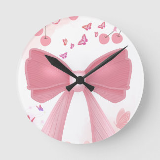 Horloge Ronde Nœud Rose Coquette et Cerises – Esthétique Collage