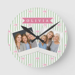 Horloge Ronde Nœud Rose Personnalisé Rayure Verte Coquette Prépa