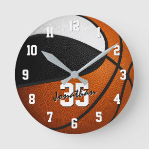 Horloge Ronde noir blanc équipe couleurs basketball personnalisé