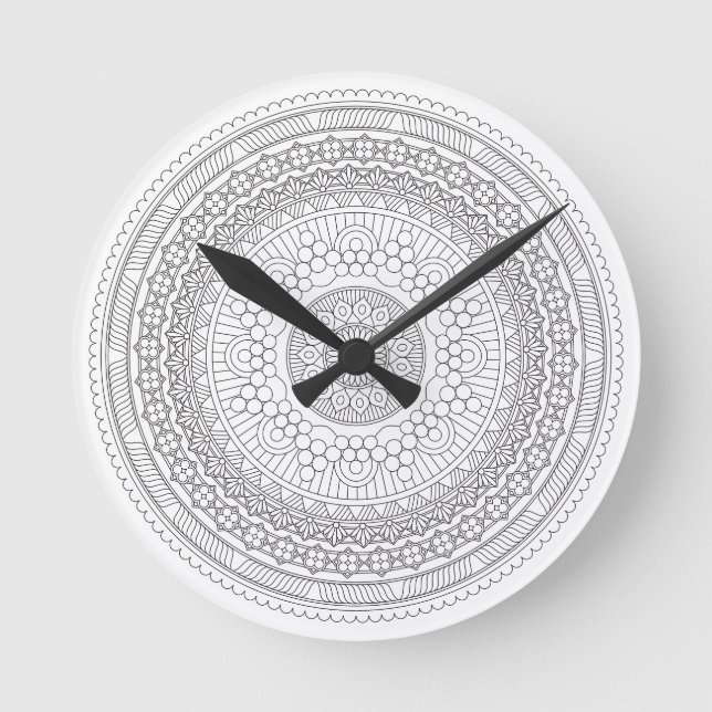 Horloge Ronde Noir et Blanc Round Mandala v3 (Recto)