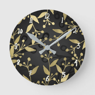 Horloge Ronde Noir & Or Botanique Moderne Rustique Branches