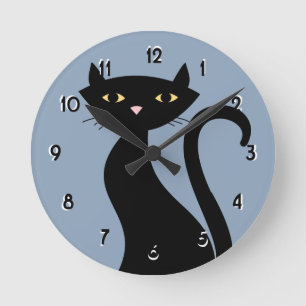 Horloge Ronde Noir rétro bleu chat