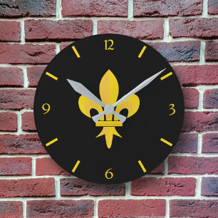 Horloge Ronde Noire avec Fleur de Lys Or