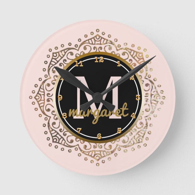 Horloge Ronde Nom brodé | Rose Poudré Mandala Bohème Or (Recto)