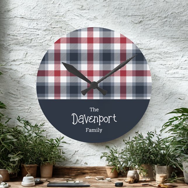 Horloge Ronde Nom de famille blanc et bleu Tartan (Créateur téléchargé)