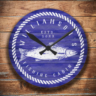 Horloge Ronde Nom de famille du Cabine de pêche Wood Navy bleu R