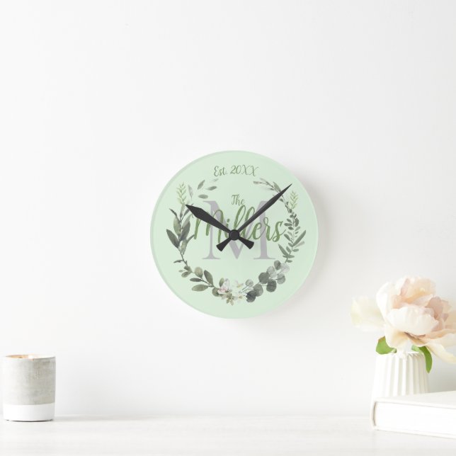 Horloge Ronde Nom de famille du monogramme de couronne botanique (Maison)