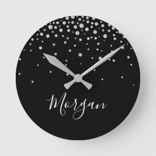 Horloge Ronde Nom DIY Écriture Blanche & Diamants Blancs, Noir