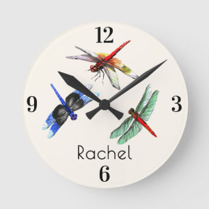 Horloge Ronde Nom Dragonflies Aquarelle pour Bureau à Domicil