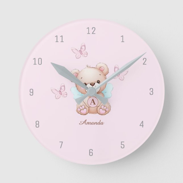 Horloge Ronde Nom du monogramme de l'ours mignon rose (Recto)