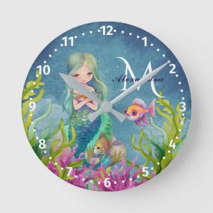 Horloge Ronde Nom du monogramme mûr aquarelle Sirène