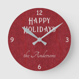 Horloge Ronde Nom, Imprimé de denim rouge Joyeux Noël