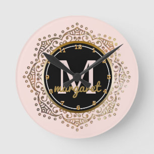 Horloge Ronde Nom monogramme Boho Mandala Blush Pink Gold