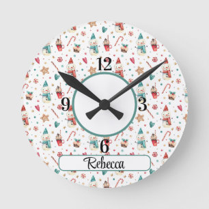 Horloge Ronde Nom, motif de bonhomme de neige coeurs bonbons en 