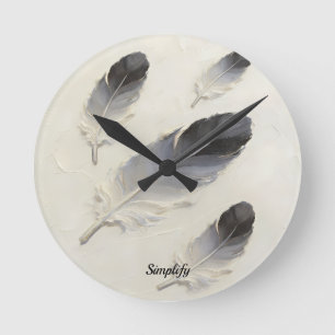 Horloge Ronde Nom personnalisé 3D noir gris huile plume moderne