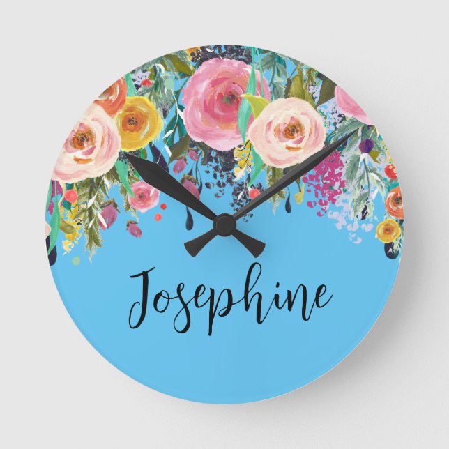 Horloge Ronde Nom personnalisé Boho Floral Bedroom Nursery Art (Recto)