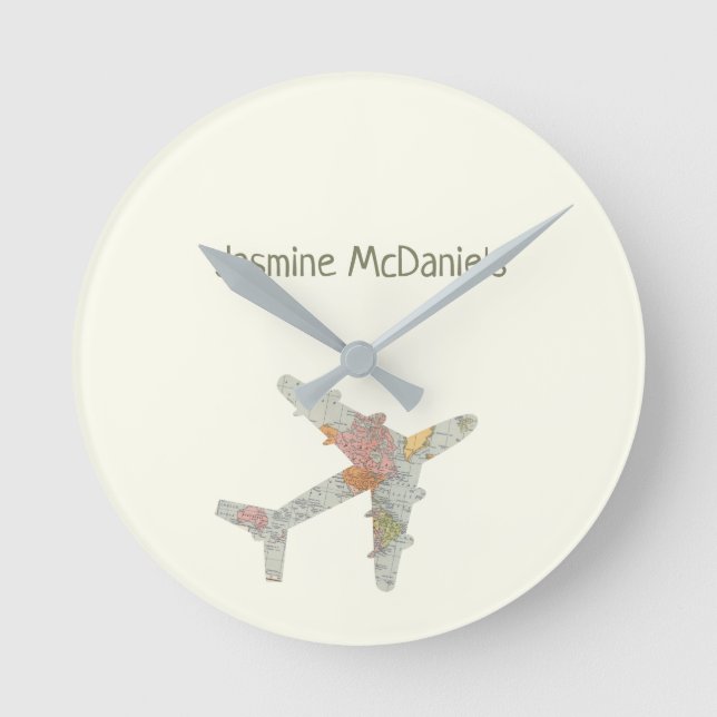 Horloge Ronde Nom personnalisé de la carte du monde d'avion (Recto)