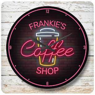 Horloge Ronde Nom personnalisé Faux Neon Connexion Café rétro