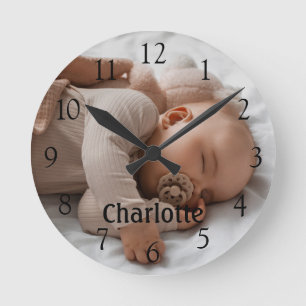 Horloge Ronde Nom personnalisé Photo Grand Nombre Noir