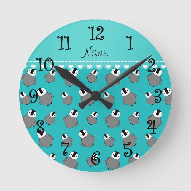 Horloge Ronde Nom personnalisé pingouins de bébé turquoise (Recto)