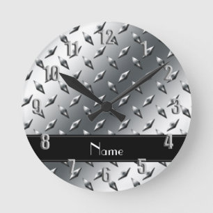 Horloge Ronde Nom personnalisé plaque diamant acier bande noire