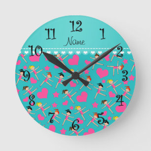 Horloge Ronde Nom personnalisé turquoise fille gymnaste coeur 