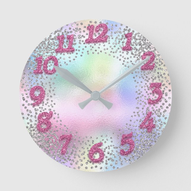 Horloge Ronde Nombre rose Unicorn Parties scintillant Holographe (Recto)