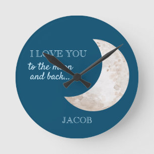 Horloge Ronde Noms de nurserie Bleu Nuit Blanc Étoiles Lune