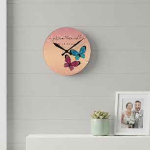 Horloge Ronde Noms et Date Cadeau de Mariage Personnalisé Or Ros