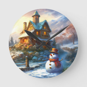 Horloge Ronde Nostalgique bonhomme de neige de Noël Cottage vi
