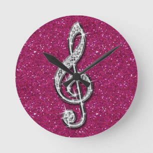 Horloge Ronde Note de Musique Diamantée Pailletée Brillante Impr