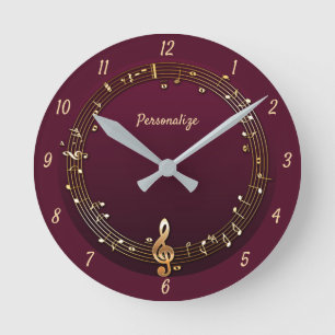 Horloge Ronde Notes musicales élégantes Clef Music Purple Gold