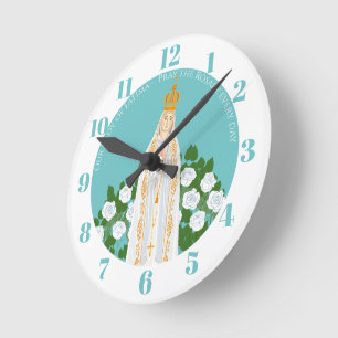 Horloge Ronde Notre-Dame de Fatima et roses blanches