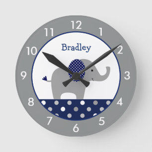 Horloge Ronde Nourrissons personnalisés bleu et gris éléphant ro