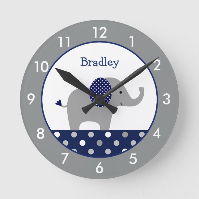 Horloge Ronde Nourrissons personnalisés bleu et gris éléphant ro (Recto)