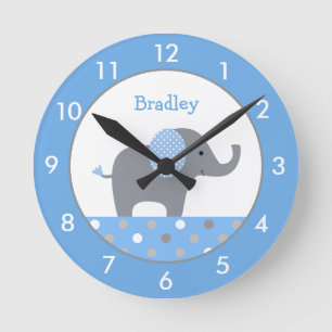Horloge Ronde Nourrissons personnalisés bleu et gris éléphant ro