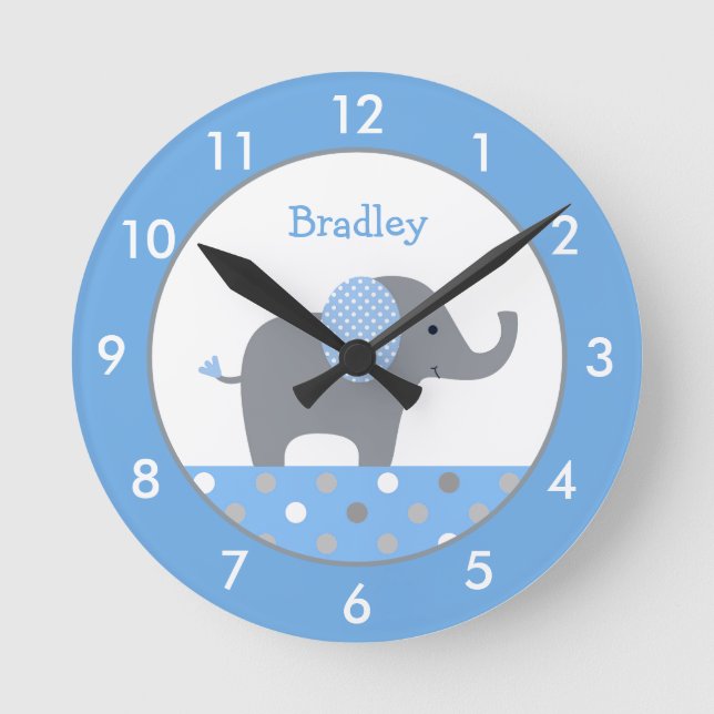 Horloge Ronde Nourrissons personnalisés bleu et gris éléphant ro (Recto)