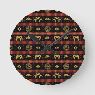 Horloge Ronde Nouvel An chinois Tiger Red Check Motif