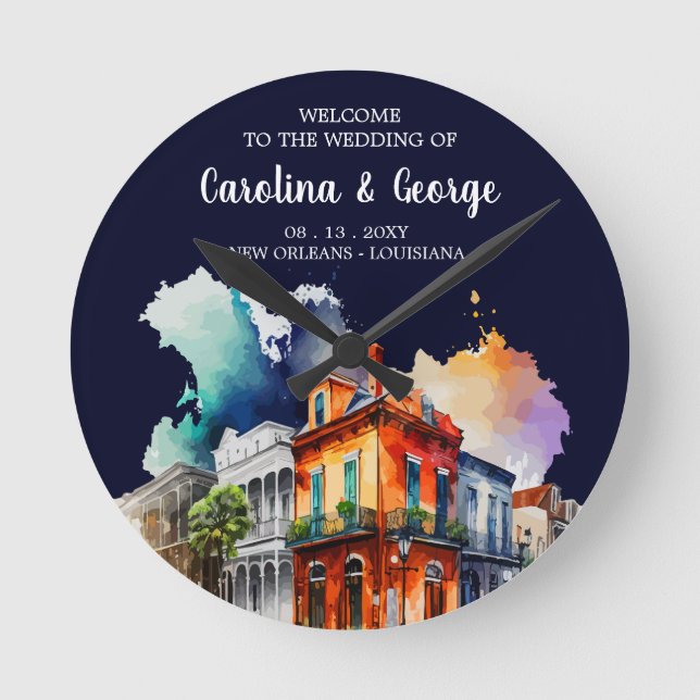 Horloge Ronde Nouvelle-Orléans Nola - Mariage d'aquarelle Bienve (Recto)